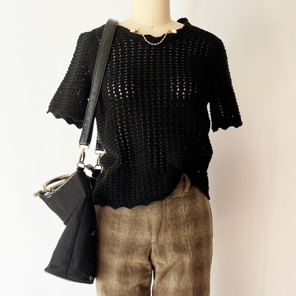 Gap Crochet Cotton Top Black Short Sleeve Scalloped Edge Small Knit Retro